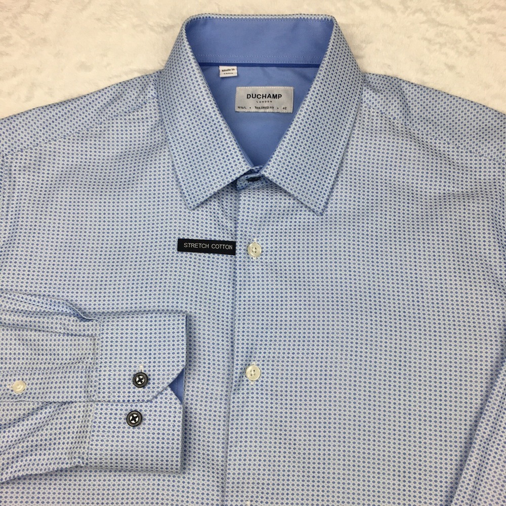 Duchamp Dress Shirt Mens 16.5 Large Blue Print‎ Tailored Fit Stretch NEW!